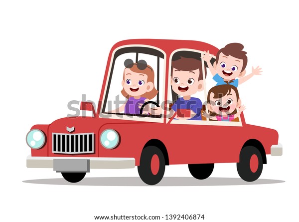 happy kids\
family riding car vector\
illustration