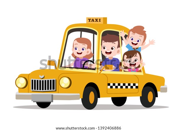 happy kids\
family riding taxi vector\
illustration