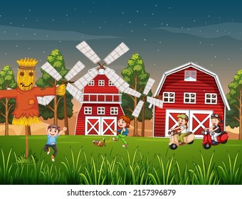 Happy kids in farm landscape illustration