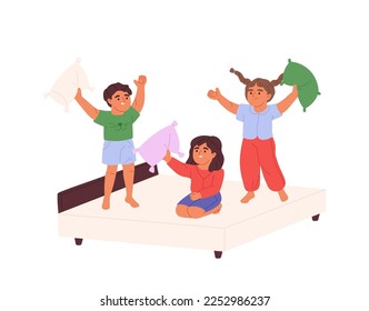 Happy kids fighting with pillow enjoy funny playful activity at home. Joyful children playing together in bedroom. Indoor game for small child. Cartoon flat vector illustration