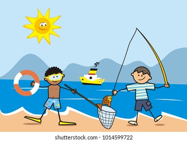 Happy kids, fisherman on the beach, vector funny illustration, postcard
