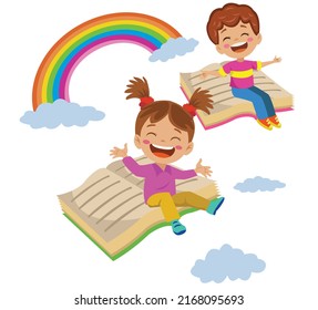 Happy Kids Flying To Clouds Over Books And Rainbow