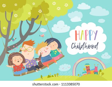 Happy kids flying on a swing