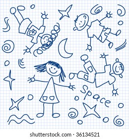 happy kids flying in space