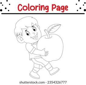 Happy kids with fresh apple coloring page for children. coloring book, vector illustration.