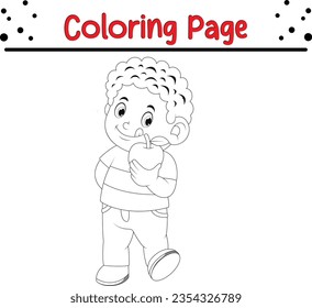 Happy kids with fresh apple coloring page for children. coloring book, vector illustration.