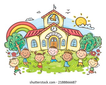 Happy Kids In Front Of School Building, Back To School Clipart