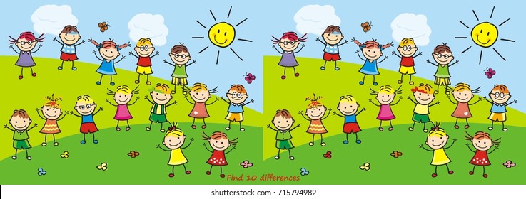 Happy kids, game, find ten differences, vector illustration