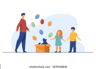 Happy kids getting dog as gift from dad. Friend, present, balloon flat vector illustration. Domestic animals and pets concept for banner, website design or landing web page