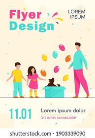 Happy kids getting dog as gift from dad. Friend, present, balloon flat vector illustration. Domestic animals and pets concept for banner, website design or landing web page