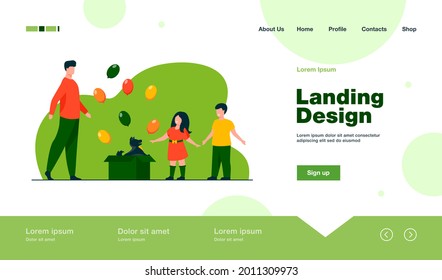 Happy kids getting dog as gift from dad. Friend, present, balloon flat vector illustration. Domestic animals and pets concept for banner, website design or landing web page