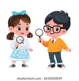 happy kids girl and boy searching with loop cartoon vector illustration flat design