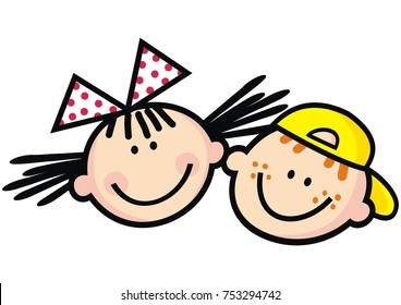 Happy kids, girl and boy, two person, vector funny illustration