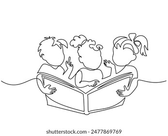 Happy kids girls and boy reading big opened book. Education and back to school concept. Continuous one line drawing. Vector illustration