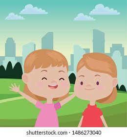 Happy kids girls playing and having fun in the park over cityscape urban scenery ,vector illustration graphic design.
