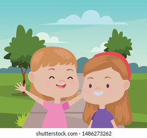 Happy kids girls playing and having fun at nature outdoors ,vector illustration graphic design.