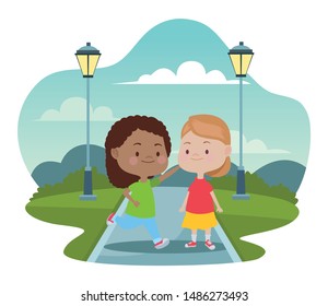 Happy kids girls playing and having fun in the nature park scenery ,vector illustration graphic design.