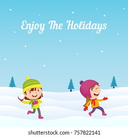Happy Kids Girls Playing Snowball fight game at Winter Season Holiday in Snowy Ground Background. Greeting Card, Banner, Poster Template.