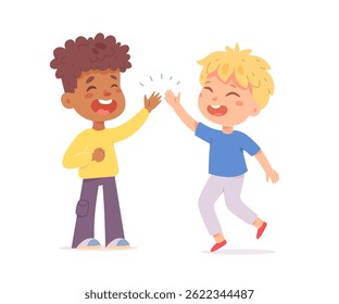 Happy kids giving a high five. Smiling boys celebrating together. Friendship and teamwork concept. Cute flat vector illustration isolated on white background.