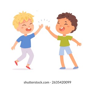 Happy kids giving a high five. Smiling boys celebrating together. Friendship and teamwork concept. Cute flat vector illustration isolated on white background.