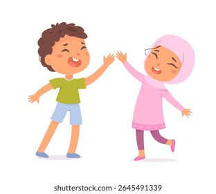 Happy kids giving a high five. Smiling girl and boy celebrating together. Friendship and teamwork concept. Cute flat vector illustration isolated on white background.