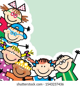 Happy kids with glasses, banner, funny vector illustration on green shadow background. Group of little girls and boys with white contour.