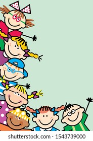 Happy kids with glasses, banner, funny vector illustration on green shadow background. Decorative card. Group of little girls and boys.