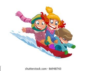 happy kids go on a sled