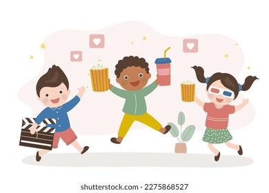 Happy kids are going to cinema watch movie. Multiethnic friends with popcorn, drink and stereo glasses for watching 3d movie. Weekend, entertainment time. Fun, pastime to children. vector illustration