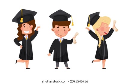 Happy kids graduate students in graduation robe and cap celebrating the end of their study vector illustration