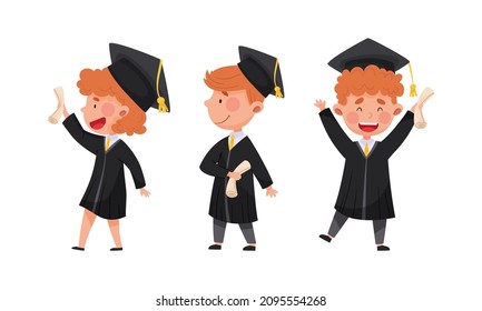 Happy kids graduate students in graduation suits celebrating the end of their studies with diploma in hands vector illustration