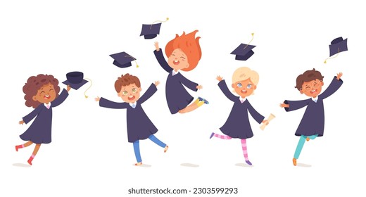 Niños felices graduados muestran ilustraciones vectoriales. Caricatura aisló a niños lindos que llevaban el diploma y gorros de mortero con orgullo, niños y niñas con vestimenta saltando alto en la ceremonia de graduación