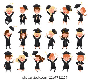 Happy Kids in Graduation Gown and Cap at Graduation Ceremony Big Vector Set