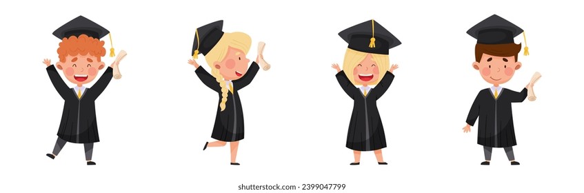 Happy Kids in Graduation Gown and Cap at Graduation Ceremony Vector Set