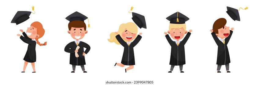 Happy Kids in Graduation Gown and Cap at Graduation Ceremony Vector Set