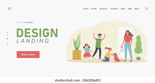 Happy kids greeting mother with dog. Home, pet, happiness flat vector illustration. Family and domestic animals concept for banner, website design or landing web page