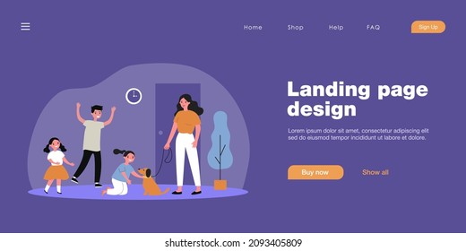 Happy kids greeting mother with dog. Home, pet, happiness flat vector illustration. Family and domestic animals concept for banner, website design or landing web page