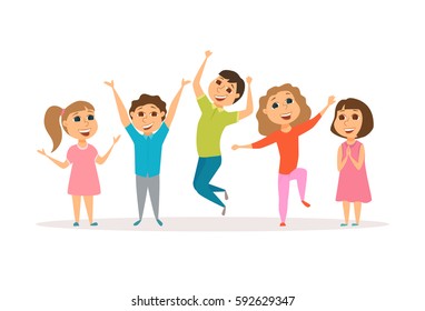 Happy kids. Groop of smile child. Friends dancing, jumping and laughing together. Group of happy girl and boy have fun. Cartoon preschoolers characters isolated on white