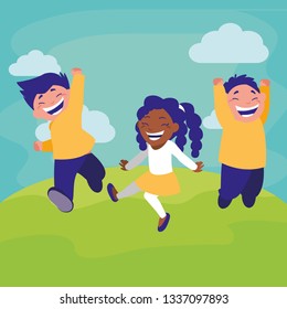 happy kids group in the camp interracial characters