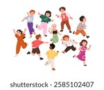 Happy kids group. Cute funny active kindergarten children playing, running, laughing and dancing. Energetic playful boys and girls having fun. Flat vector illustration isolated on white background