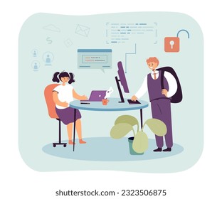 Happy kids hacking into computers vector illustration. Drawing of teenage hackers unlocking information or data at school, open lock symbol. Cybersecurity, technology, childhood, education concept