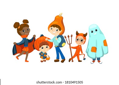 Happy kids in Halloween costume vector illustration on white background. Children friends dressed for Halloween party. Multiracial kids in pumpkin head, vampire, devil, ghost wear. Halloween carnival