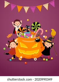 Happy kids in Halloween costumes and a pumpkin full of candies.