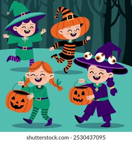 Happy kids in Halloween costumes trick-or-treating.