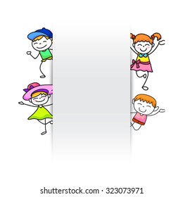 happy kids hand drawing cartoon character boys and girls with blank paper vector illustration