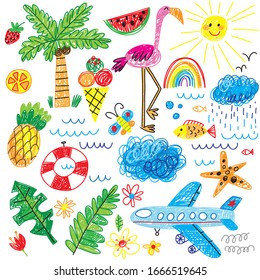 happy kids hand drawn summer vacation doodle set