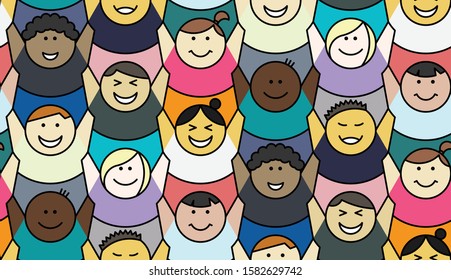 Happy kids with hands up, multiracial - perfectly repeatable, continuous pattern.
