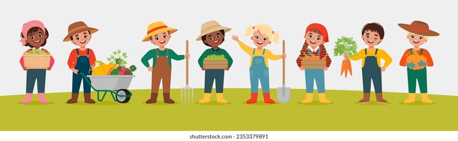 Niños felices cosechando frutas y verduras. Niños agricultores. Verano o otoño. Ilustración de vector plano