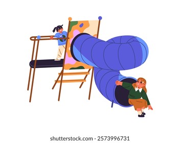 Happy kids have fun on playground. Cute children ride on childish slide. Little girls, friends play at kindergarten, school yard together. Flat isolated vector illustration on white background