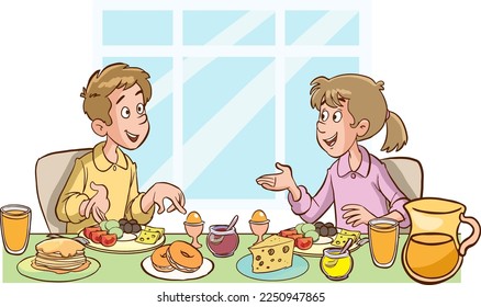 Happy kids having breakfast by themselves. Child nutrition concept. cartoon Vector illustration 